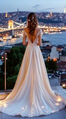 A woman in a chestnut hair and flowing silk gown stands on an Istanbul rooftop at night. Soft caf&eacute; lights highlight her dress while city lights and Bosphorus Bridge create a magical, glamorous backdro