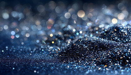 Abstract dark navy blue glitter lights background. Circle blurred bokeh. Festive backdrop for Christmas, holiday or event. Winter Card or invitation