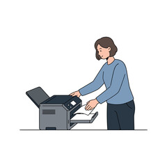 Office worker using printer to copy documents modern workspace digital illustration indoor side view productivity concept. Vector illustration