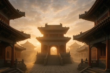 Obraz premium Sunrise over ornate imperial pavilion with sweeping curved roofs and stone steps leading to a grand gate bathed in golden mist ancient city architecture