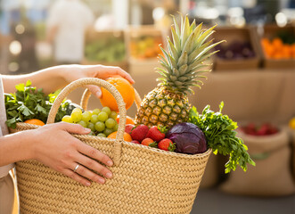 Woman holding a vibrant market basket filled with fresh organic fruits and vegetables at a sunny farmer's market