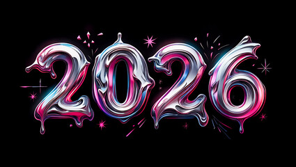 Stylish 2026 New Year celebration design glossy metallic numbers with liquid effect on a black background