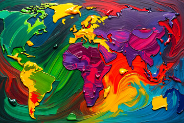 Vibrant Abstract World Map Painting with Rich Colorful Textures and Expressive Brushstrokes for Global Themes