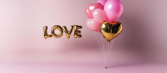 Obraz premium LOVE spelled in golden foil balloons with soft pink balloon bouquet, floating gracefully on pastel backdrop, elegant festive and romantic atmosphere.