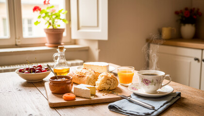 Rustic European breakfast with coffee, fresh baguette, cheese, cherries, and orange juice