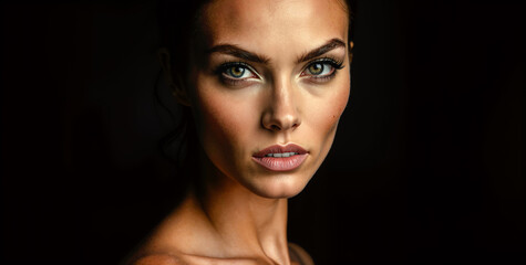 Close-up Portrait of a Beautiful Young Adult Woman with Green Eyes and Healthy Skin, Shot in Studio Against a Dark Background with Ample Copy Space.