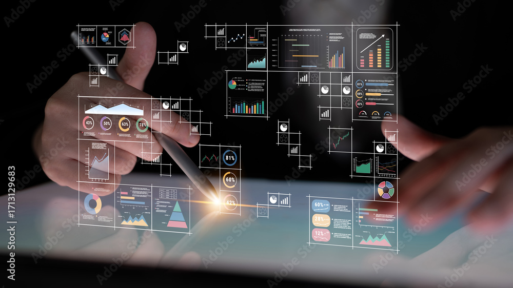 Poster a big data visualization and business analytics dashboard grid. a complex collection of charts and g