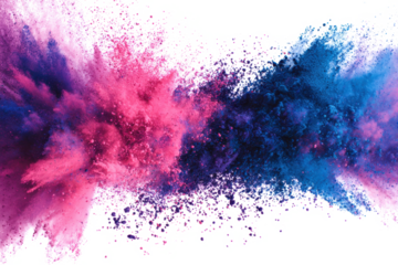 Vibrant explosion of pink and blue colored powder on a white background.