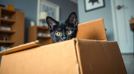 A curious black kitten peeks out from a cardboard box, captured in a close-up indoor portrait, for themes of pets, new homes, playfulness, and discovery.