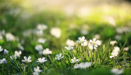Small Delicate White Wild Flowers On Green Grass Background In Springtime Selective Soft Focus Close Up
