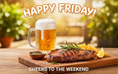 Happy Friday! Cheers to the Weekend with a Delicious Grilled Steak, French Fries, and a Mug of Beer