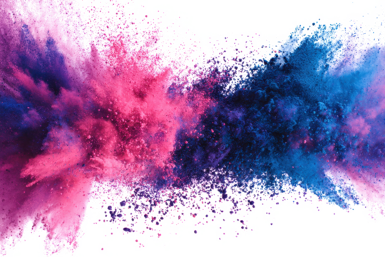 Vibrant explosion of pink and blue colored powder on a white background.