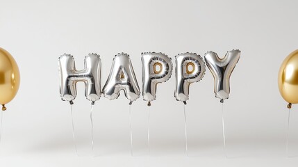 Shiny silver foil balloons spelling out "HAPPY" arranged in a modern minimalist scene, illuminated with soft light, creating an elegant and celebratory mood.