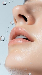 A woman applies a cooling facial spray in close-up, delicate droplets floating around her face and illuminating her fresh, dewy skin on a simple neutral background.