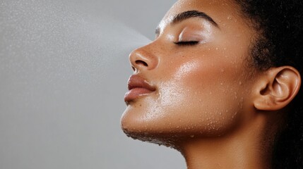 A close-up portrait of a woman spraying a refreshing face mist, fine droplets floating in the air and enhancing her luminous, hydrated skin against a clean neutral backdrop.