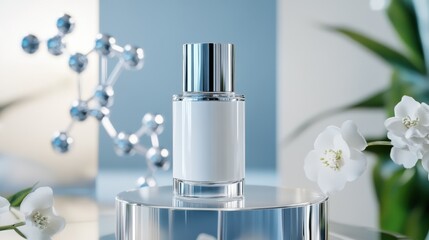 Cylindrical glass skincare jar with silver lid, enriched with bioengineered peptides, on futuristic glass platform, surrounded by molecular structures