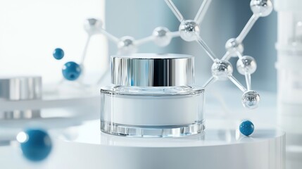 Round glass skincare jar with silver lid, enriched with bioengineered peptides, on futuristic glass platform, surrounded by molecular structures, soft glowing light, showcasing scientific beauty.