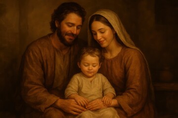 Serene family scene inspired by the Holy Family warm candlelit tones simple robes gentle smiles peaceful devotion and timeless faith expressed with respectful heartfelt beauty