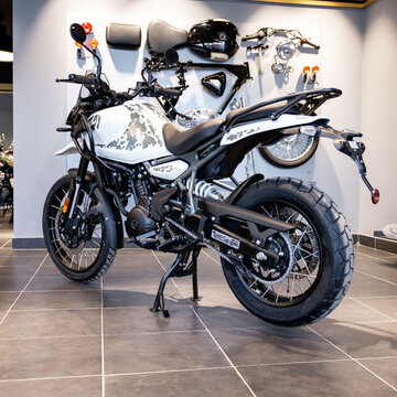 motorcycle Royal Enfield Himalayan 450 Kamet White classic on the parking lot logo detail