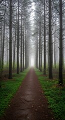 Fototapeta premium A path of trees leads through a misty forest, bathed in soft light, creating a serene and mysterious atmosphere.