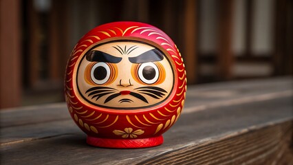 Traditional Japanese daruma doll with red design on wooden surface