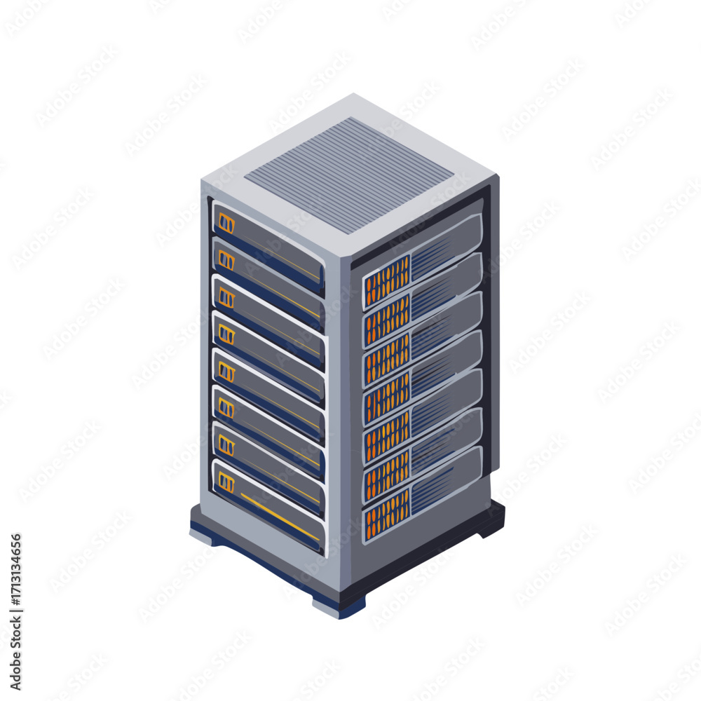 Poster isometric server rack illustration. data storage server. technology cloud computing network equipmen