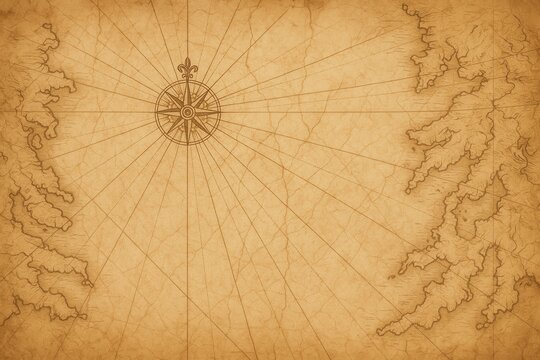 Antique nautical chart on aged parchment with compass rose rhumb lines and coastal silhouettes textured vintage sea map background