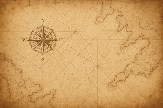 Antique nautical chart on aged parchment with compass rose rhumb lines and coastal silhouettes textured vintage sea map background