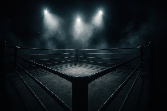 Dramatic empty boxing ring under arena spotlights with smoke and haze waiting for the main event championship fight night atmosphere