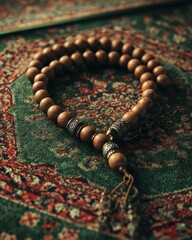 Serene Spirituality - Wooden Prayer Beads on Ornate Rug.