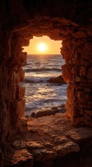 A breathtaking sunset view through an ancient stone archway, illuminating the ocean's edge with warm golden hues.