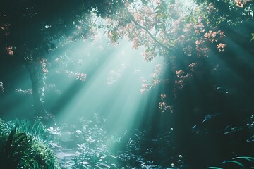 Obraz premium A serene forest scene with sunlight filtering through trees and vibrant foliage.