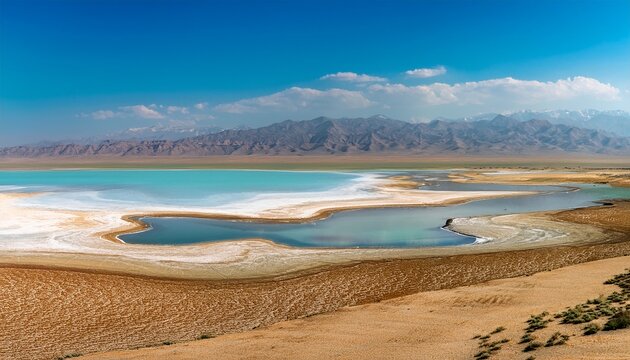 Layers Of Desert Salt Marsh And Water Of The Aral Lake Uzbekistan