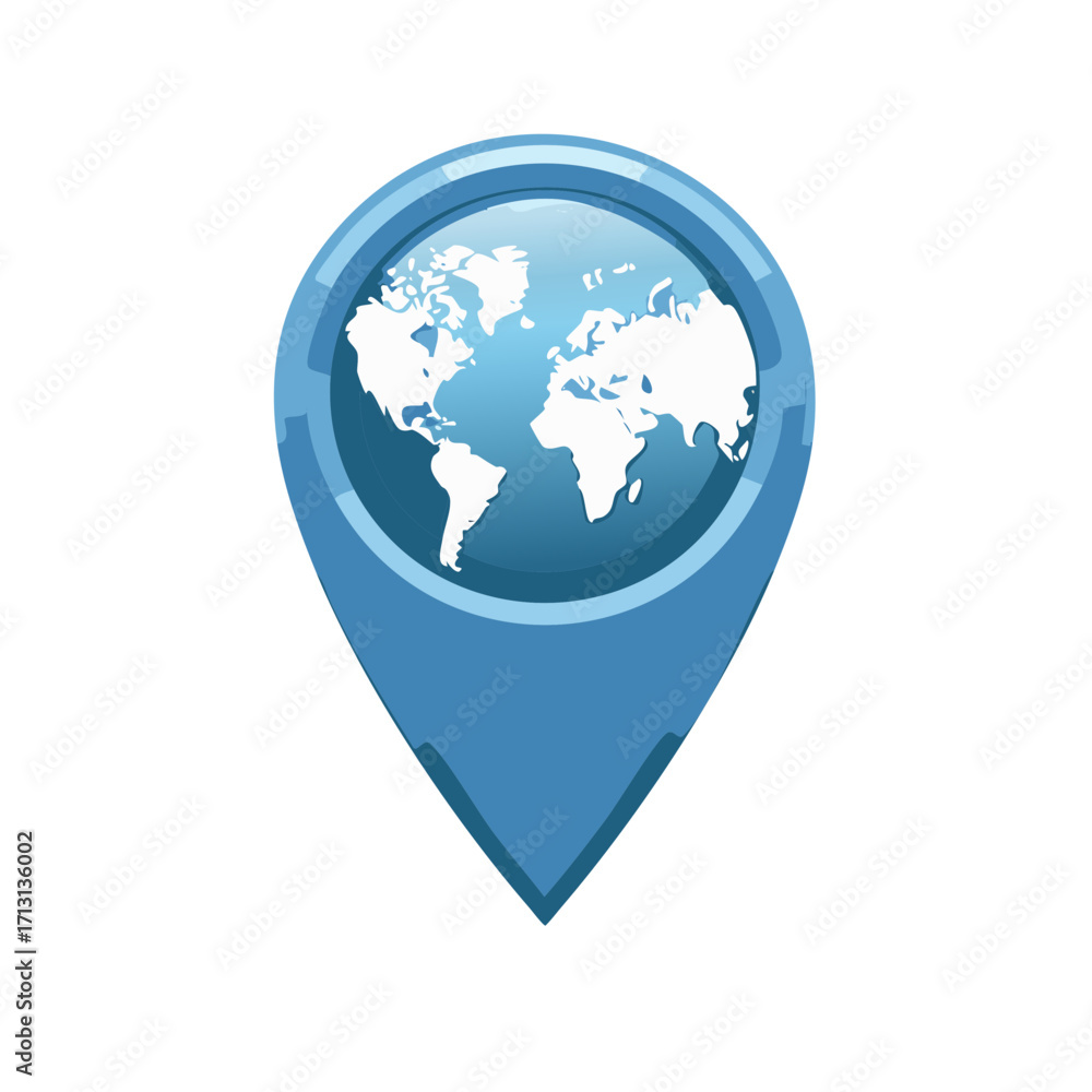Poster glossy blue location pin with a world map icon for global travel navigation and destination concepts
