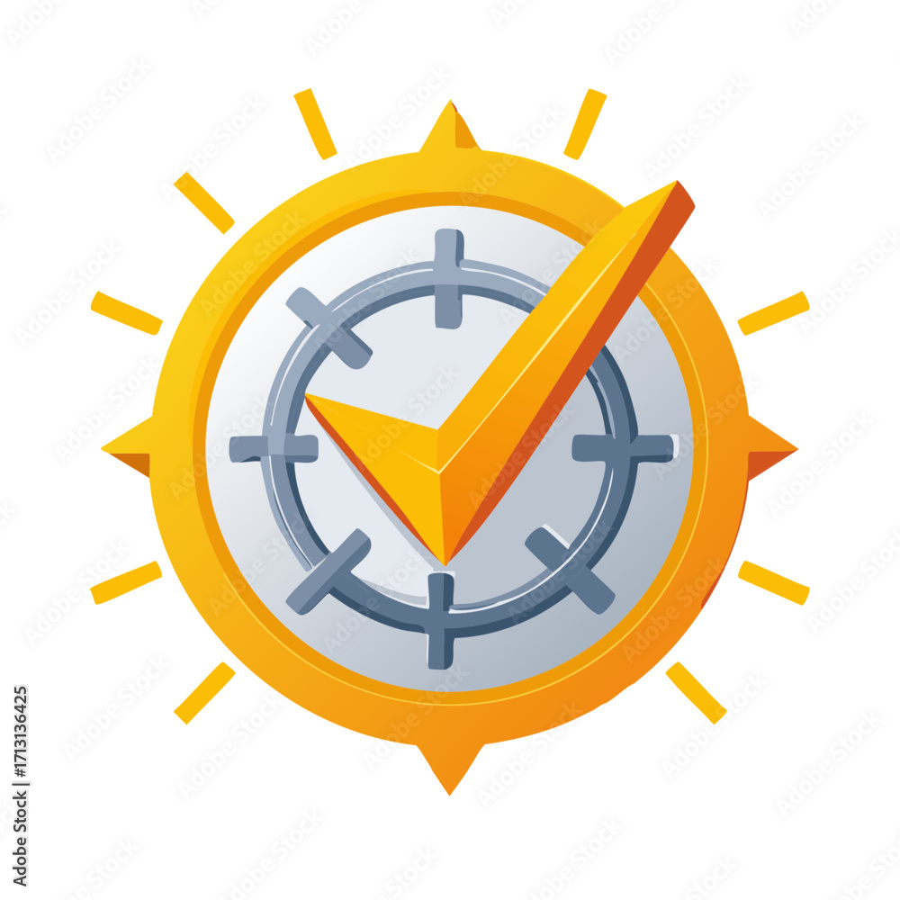 Poster timely completion and successful strategy icon with check mark on a clock and compass