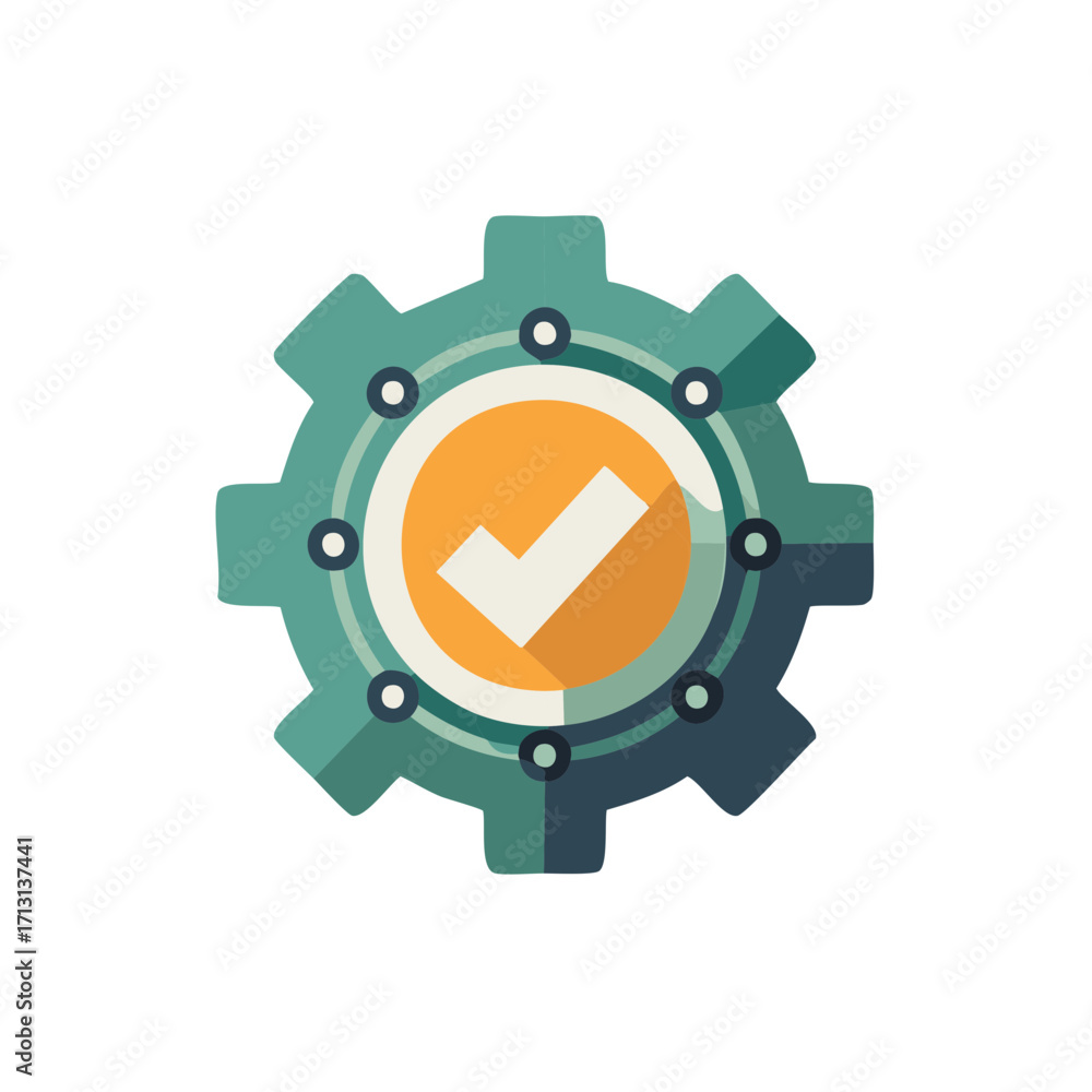 Poster mechanical gear icon with a checkmark symbolizing quality control process approval and successful co