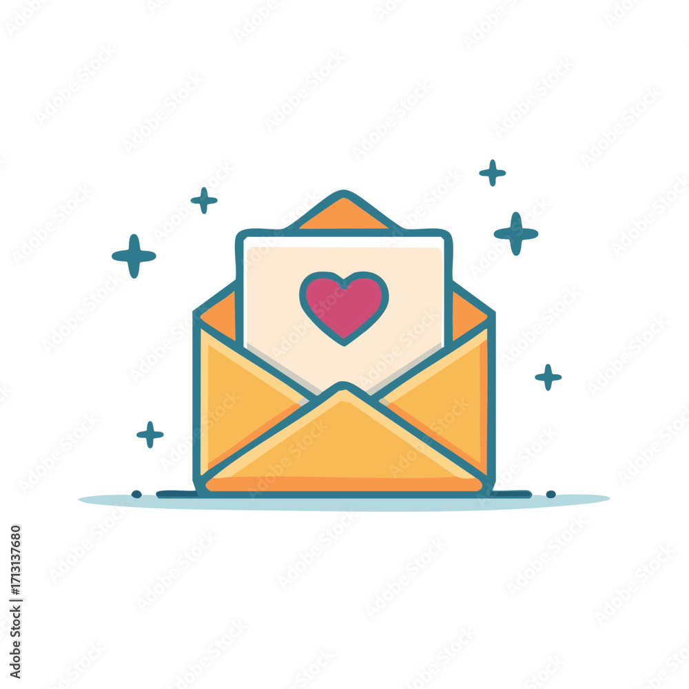 Poster Illustrated open envelope with heart shaped message and decorative sparkles.