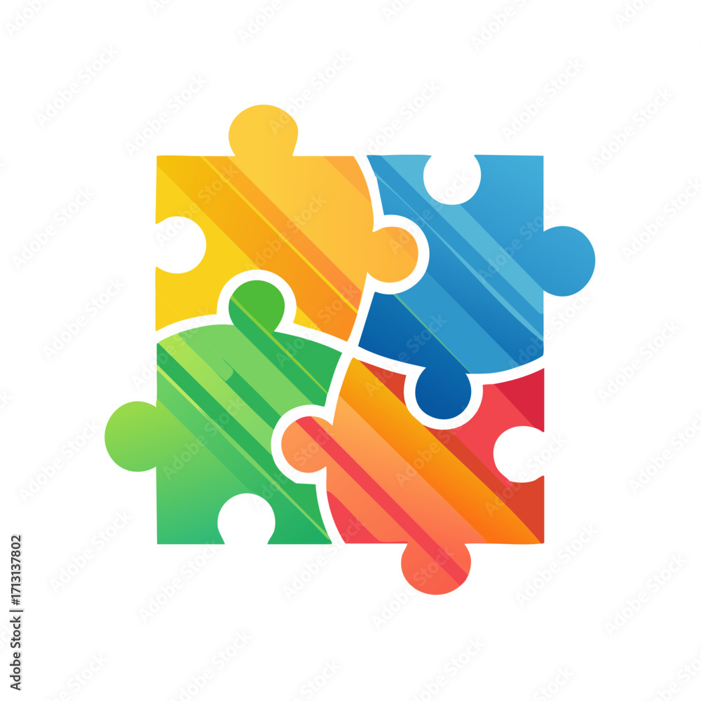 Poster four colorful puzzle pieces create a whole conceptual illustration of teamwork and connection with a