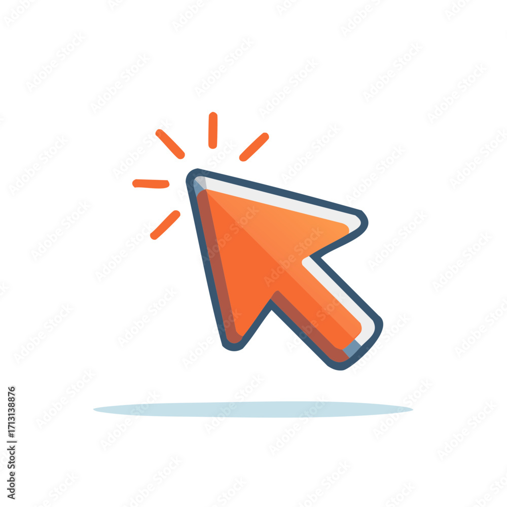Poster vibrant orange computer mouse cursor icon with radiating lines indicating a click action