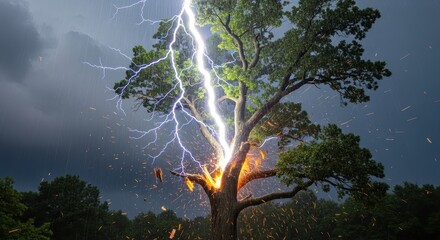 Lightning strike on tree is a powerful and destructive natural phenomenon, tree engulfed in flames after strike. Witnessing lightning strike is a reminder of nature’s power and unpredictability,