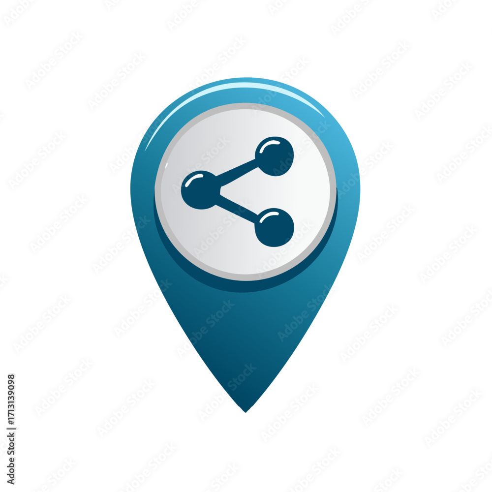 Poster glossy blue map pointer with a share symbol representing location sharing and social media check in