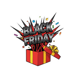 Black friday text over gift box with confetti on a black background promotional image design