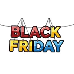 A colorful black friday sign hanging from strings against a black background for holiday promotion