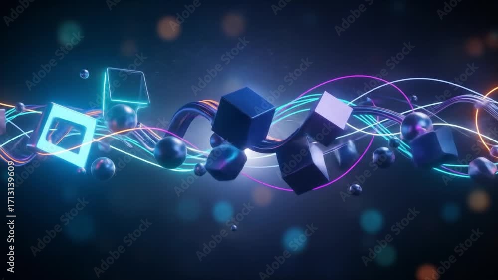 Poster dynamic digital flow: abstract futuristic network with glowing geometric shapes and interconnected d