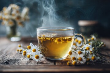 Steaming Chamomile Tea in Glass Cup Surrounded by Fresh Daisies on Rustic Wooden Surface.