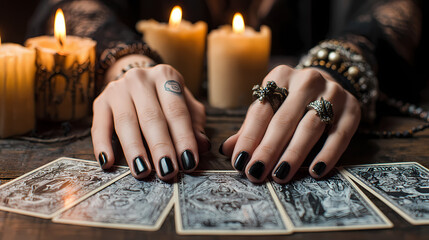 Fortune Teller Hands with Tarot Cards and Candles