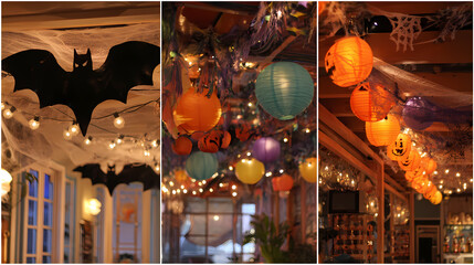 Festive Halloween Decor with Bats and Lanterns for a Spooky Atmosphere