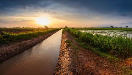 Fototapeta premium Small Muddy Irrigation Channel At Sunset High Resolution Picture