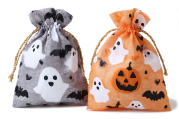 Two Halloween-themed drawstring bags with ghost and bat patterns.