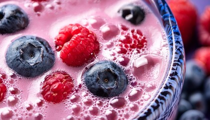 Macro Photo Of Milky Berry Smoothie With Bubbles Food Background
